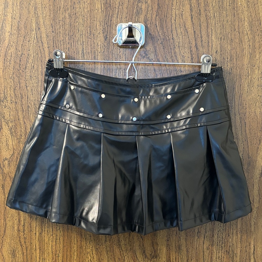Black Pleated Faux Leather Skirt